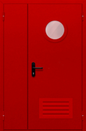 Фото двери «Полуторная с круглым стеклом и решеткой (красная)» в Самаре